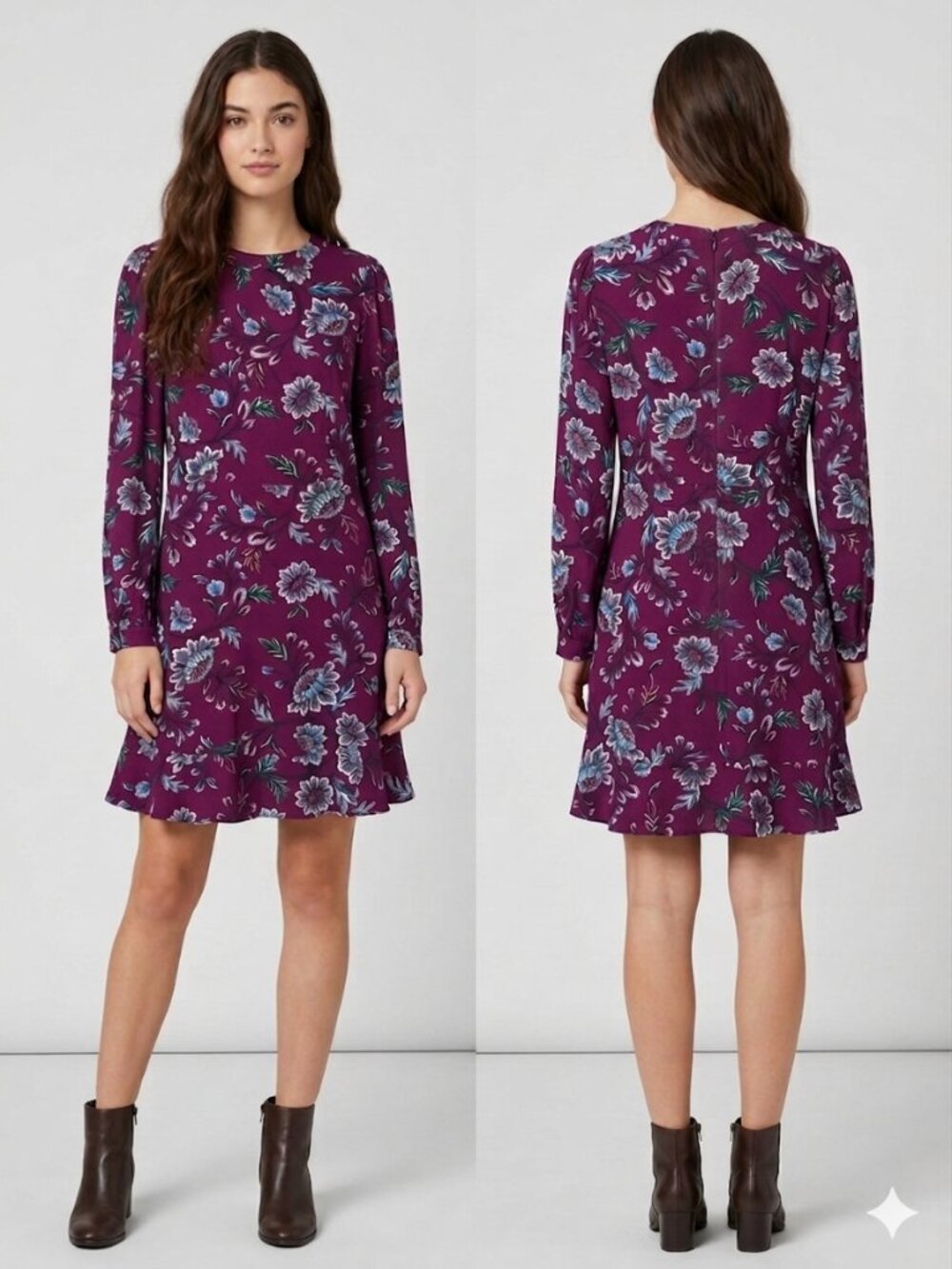 LOFT Plum Purple Floral Long Sleeve Rayon Mini Dress Women's Size 6 Boho
